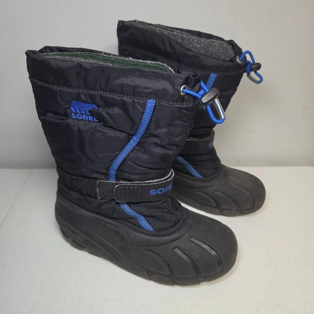 Sorel Youth Flurry Snow Boots Black Blue NY1885-010 Size 5